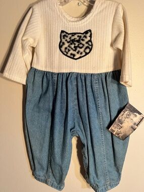 Vintage Cream and Blue Leopard Patch Baby One-Piece Romper​